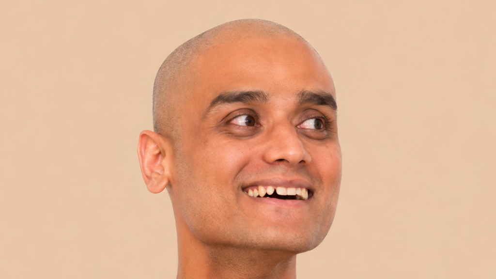 Smiling bald man looking to the right against a beige background.