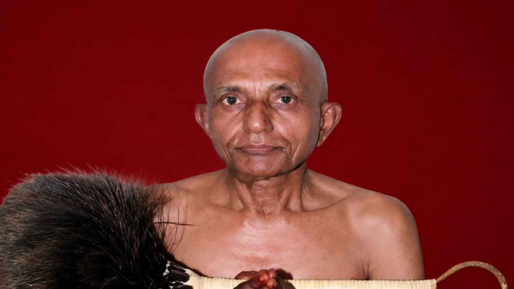Elderly, bald man with bare shoulders sits with hands pressed together in prayer, beside a fur-covered object against a solid red background.