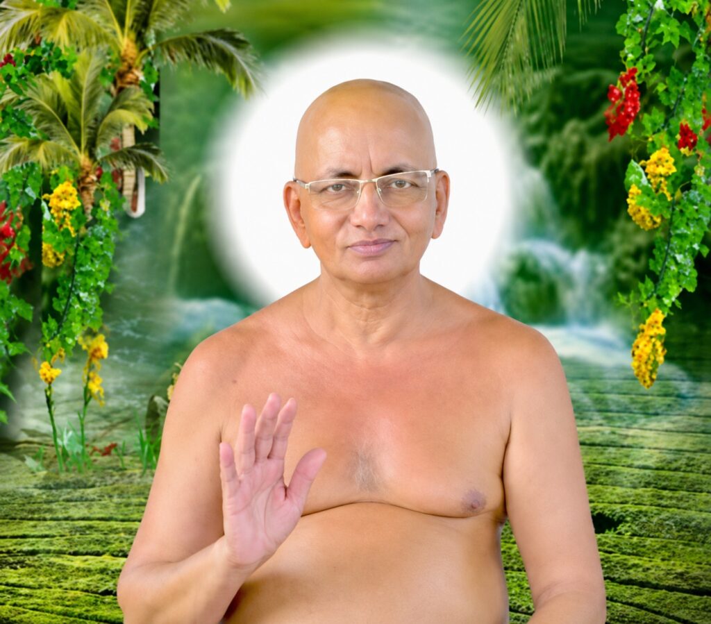 Bald man with glasses, shirtless, waving with his right hand, standing in a tropical garden with bright greenery behind him.