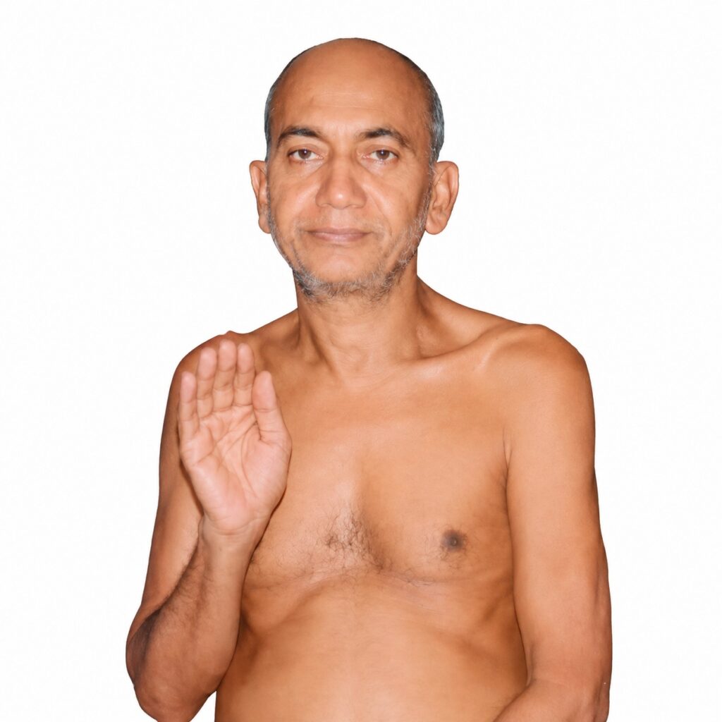 Shirtless man facing the camera, raises his right hand in a stop gesture against a white background.
