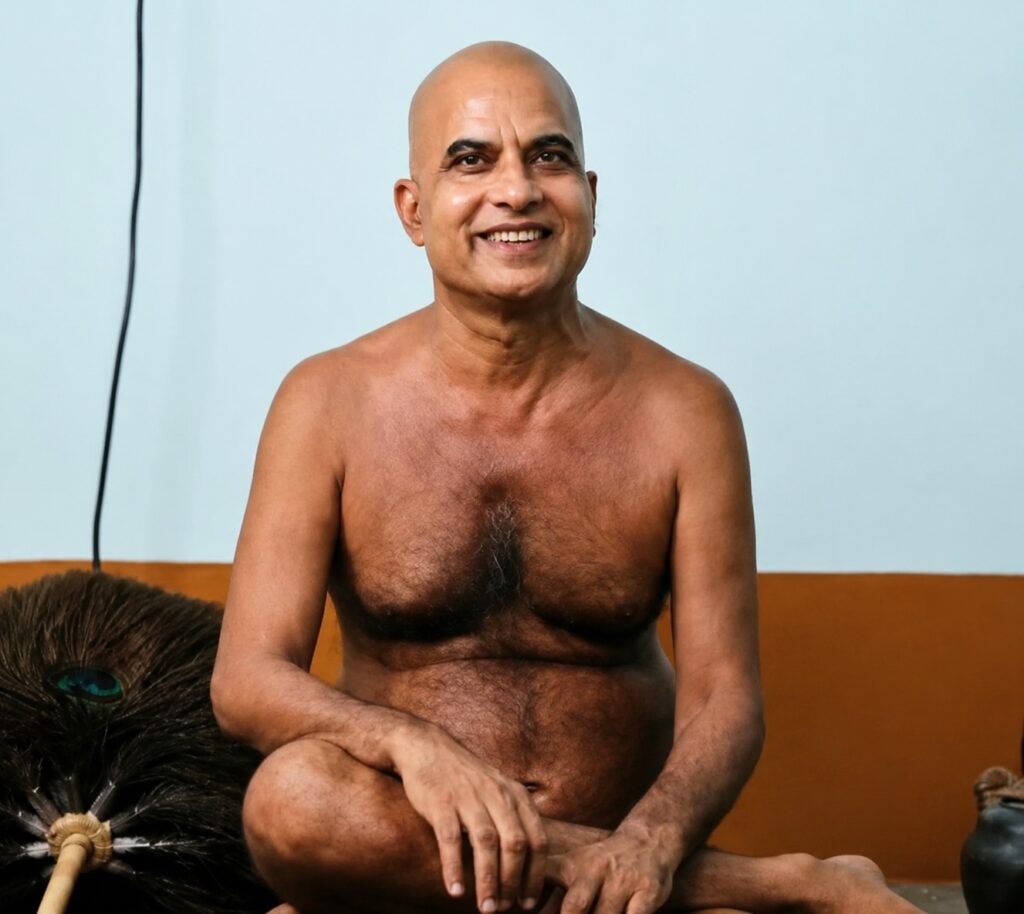 Smiling, shirtless bald man seated cross-legged indoors, with a light blue wall behind him and a large black feathered prop nearby.