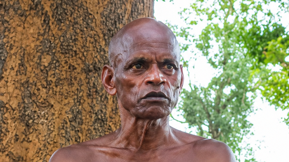 Older shirtless man standing beside a tree outdoors, looking pensively to the left with a serious expression in a leafy setting.