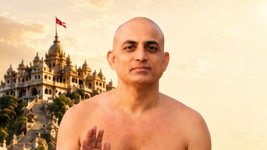 Bald, shirtless man raising his right hand in a blessing gesture with a grand temple on a hill behind him at sunset.