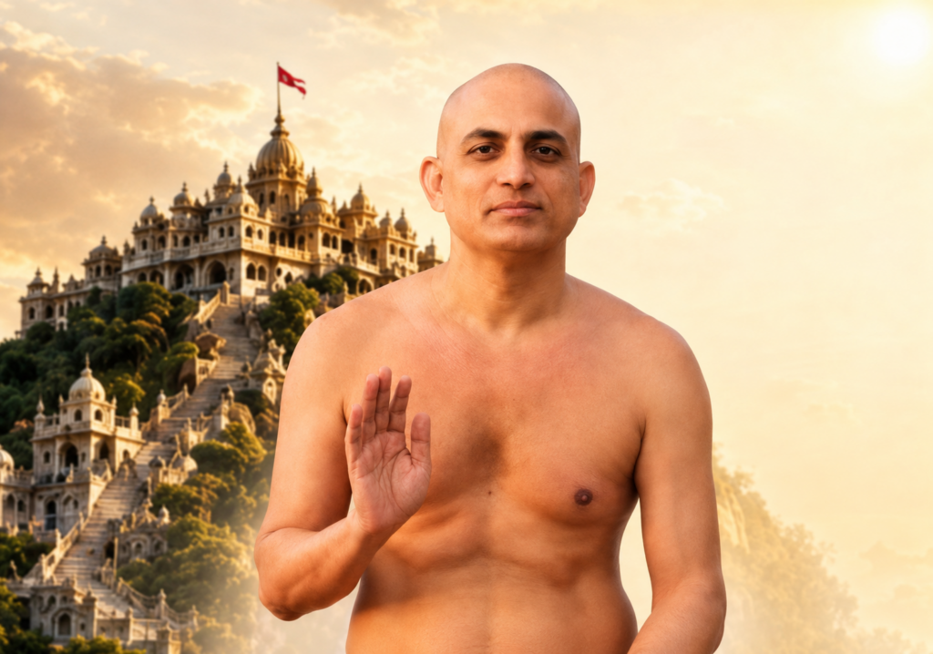 A shirtless man with a calm expression holds up his right hand in a blessing gesture in front of a grand temple on a hill at sunset