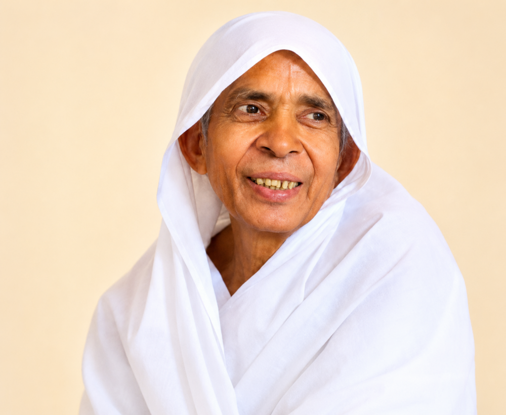 Smiling elderly woman in a white headscarf against a light beige background.