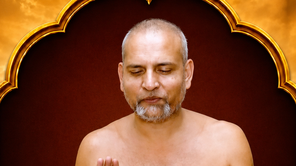 Shirtless man with a gray beard praying, eyes closed, in front of a gold ornate arch backdrop.