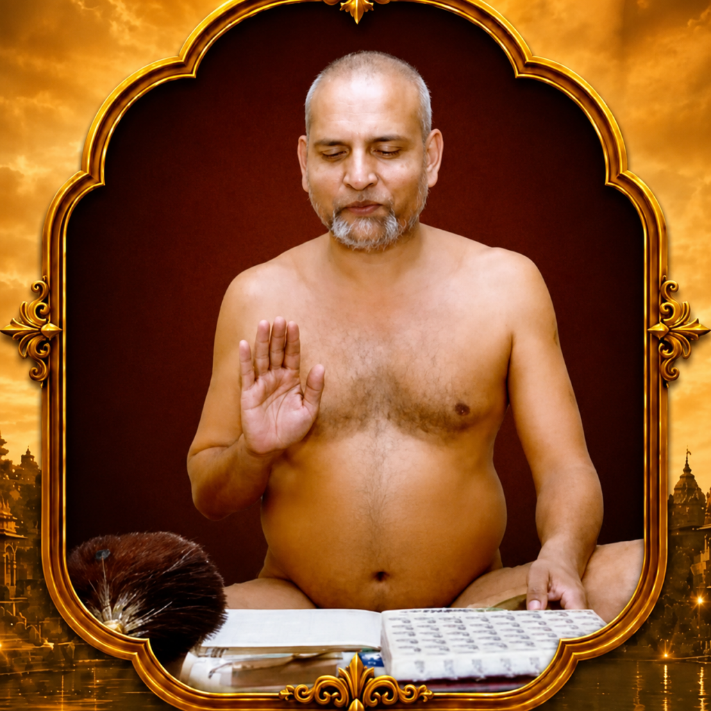 Man meditating shirtless inside a gilded, ornate arch frame, raising his right hand in a blessing gesture with an open book before him.