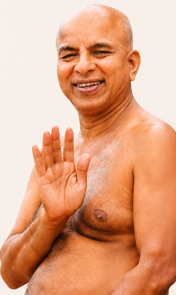 Smiling bald man shirtless, raising his right hand in a friendly greeting to the camera