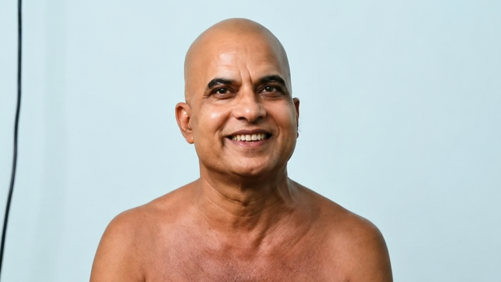 Smiling bald man shirtless, posed against a pale blue background.
