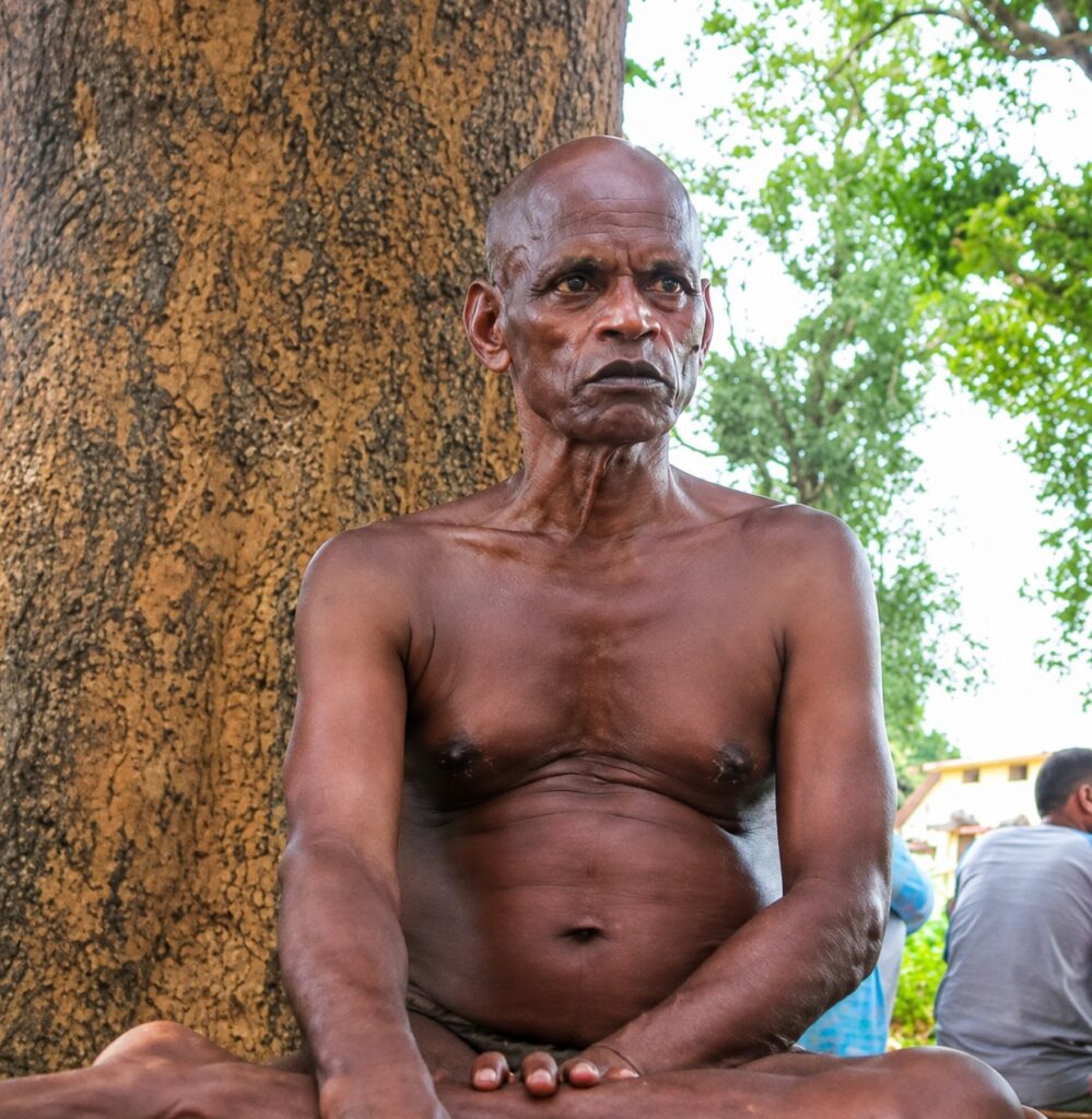Older man sitting cross-legged, shirtless, against a large tree outdoors.