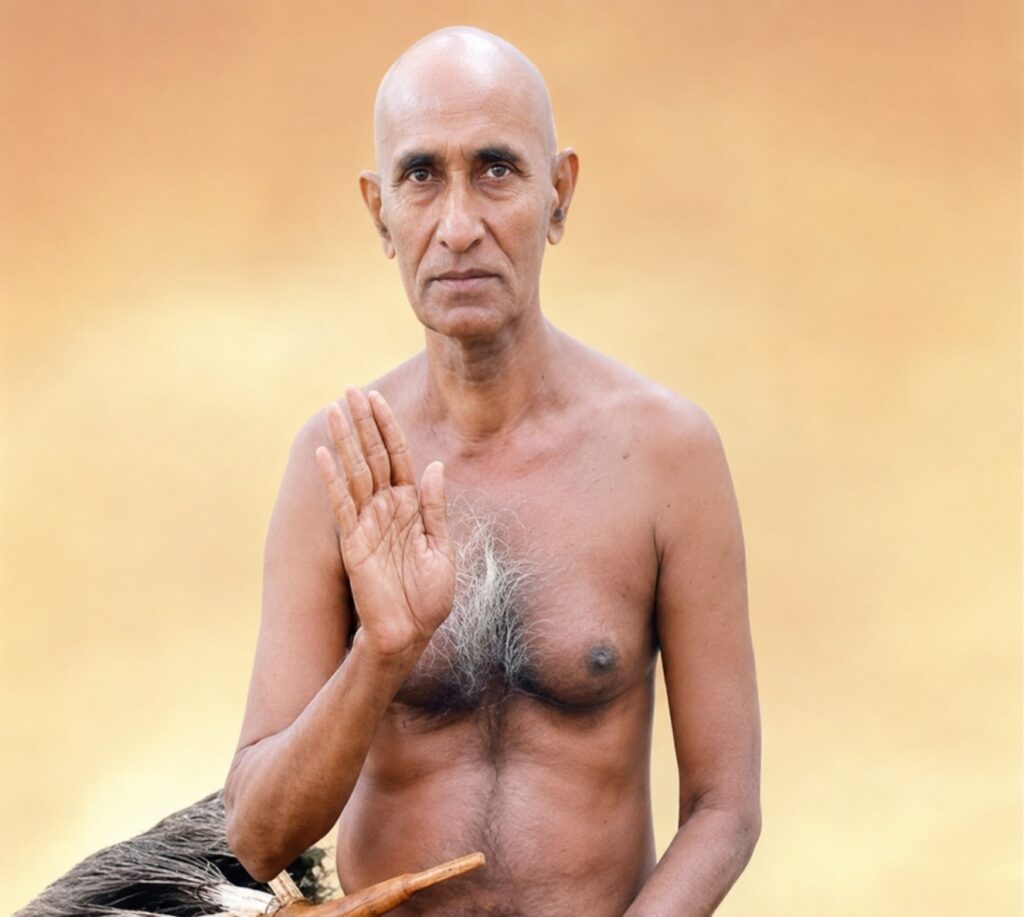 Bare-chested, bald man outdoors raises his right hand in a blessing gesture against a warm orange-yellow background.
