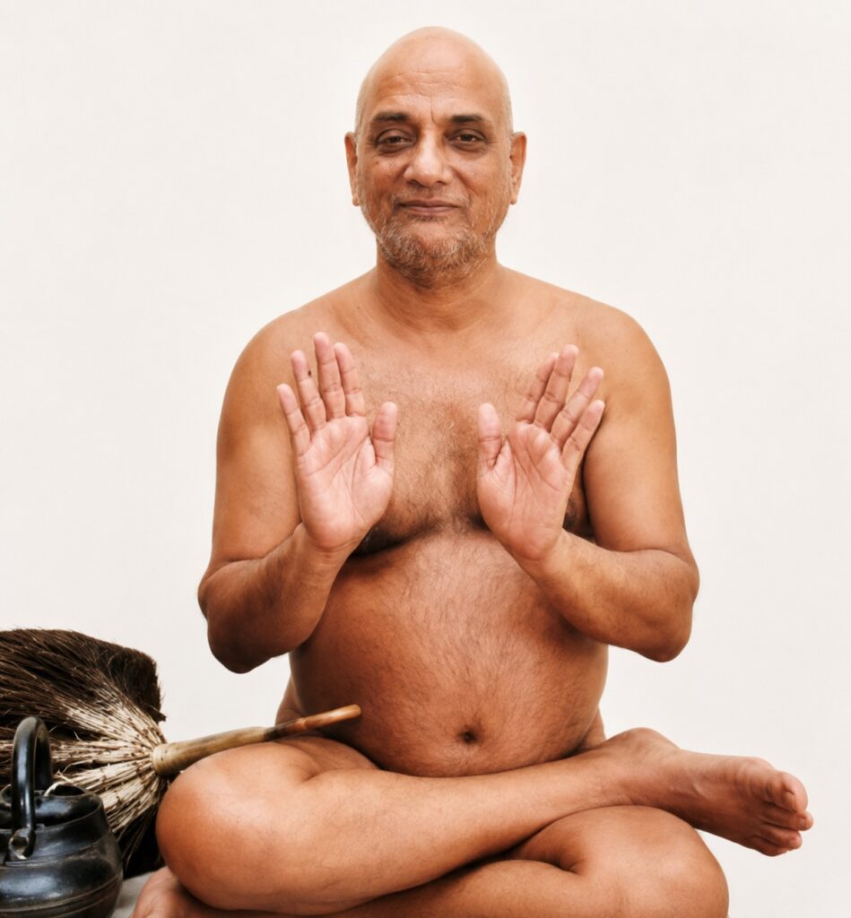 Man meditating in a seated cross‑legged pose, hands in a gesture, smiling softly with a broom and kettle beside him.
