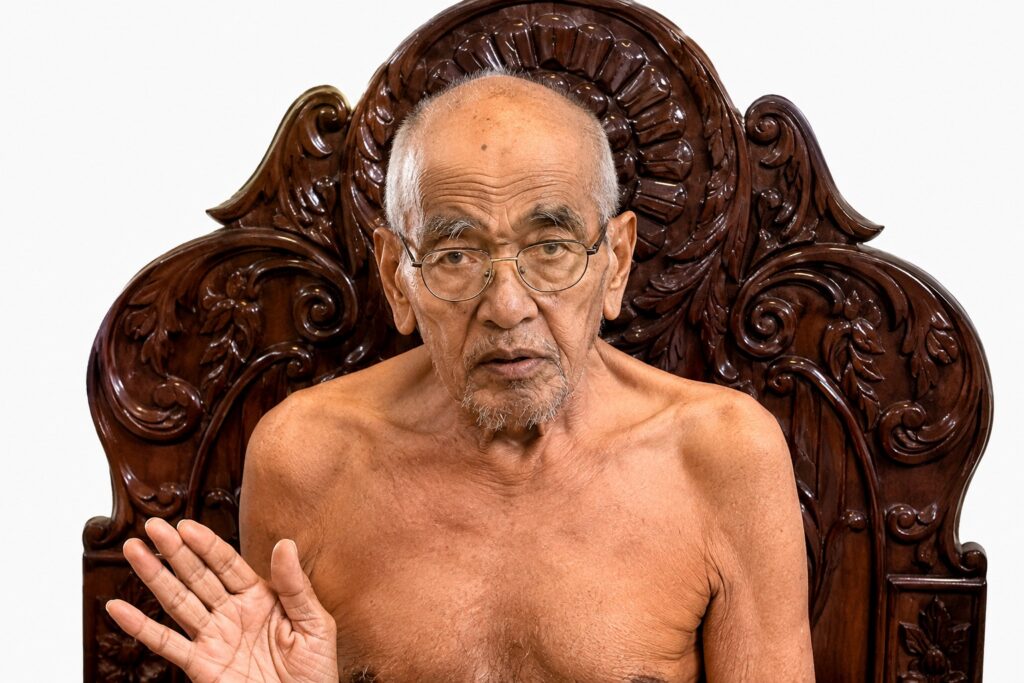 Older man with glasses, shirtless, seated in a carved wooden chair, raising his left hand in a greeting gesture.
