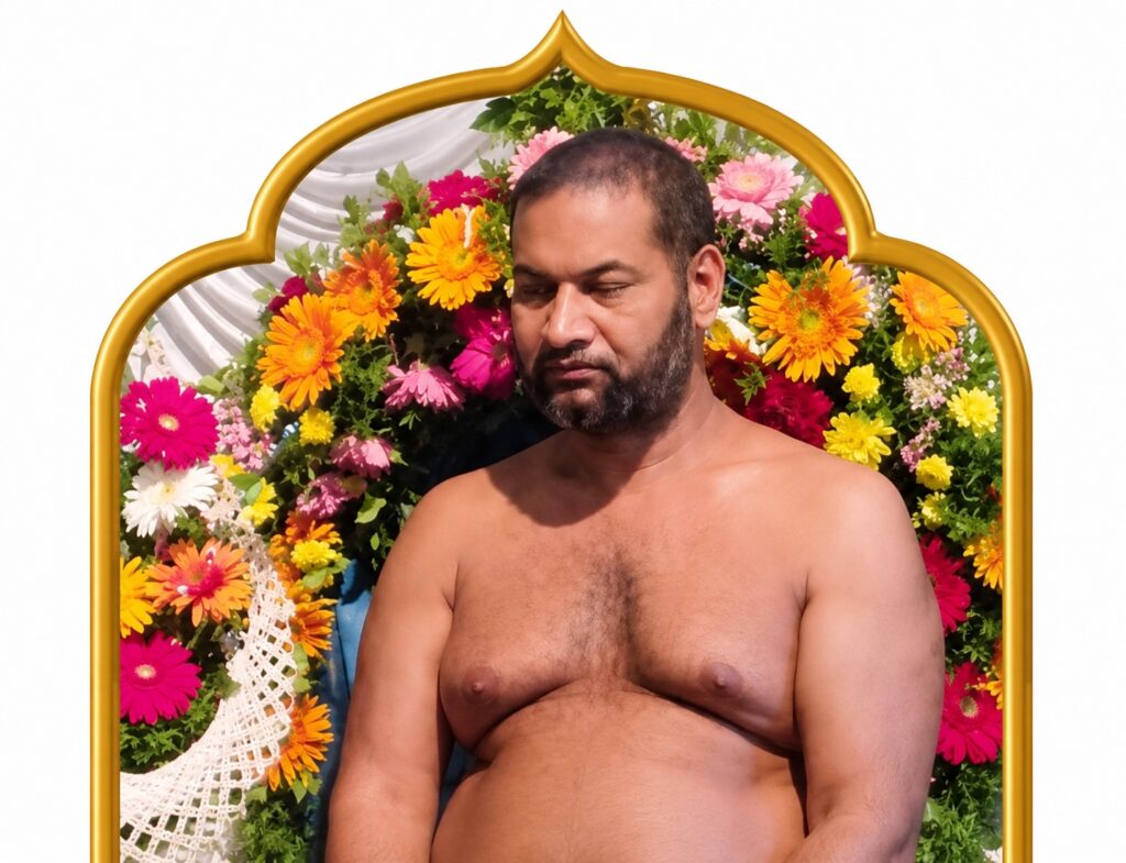 Man with short beard, shirtless, looking down, against a vibrant flower backdrop inside a gold decorative frame.