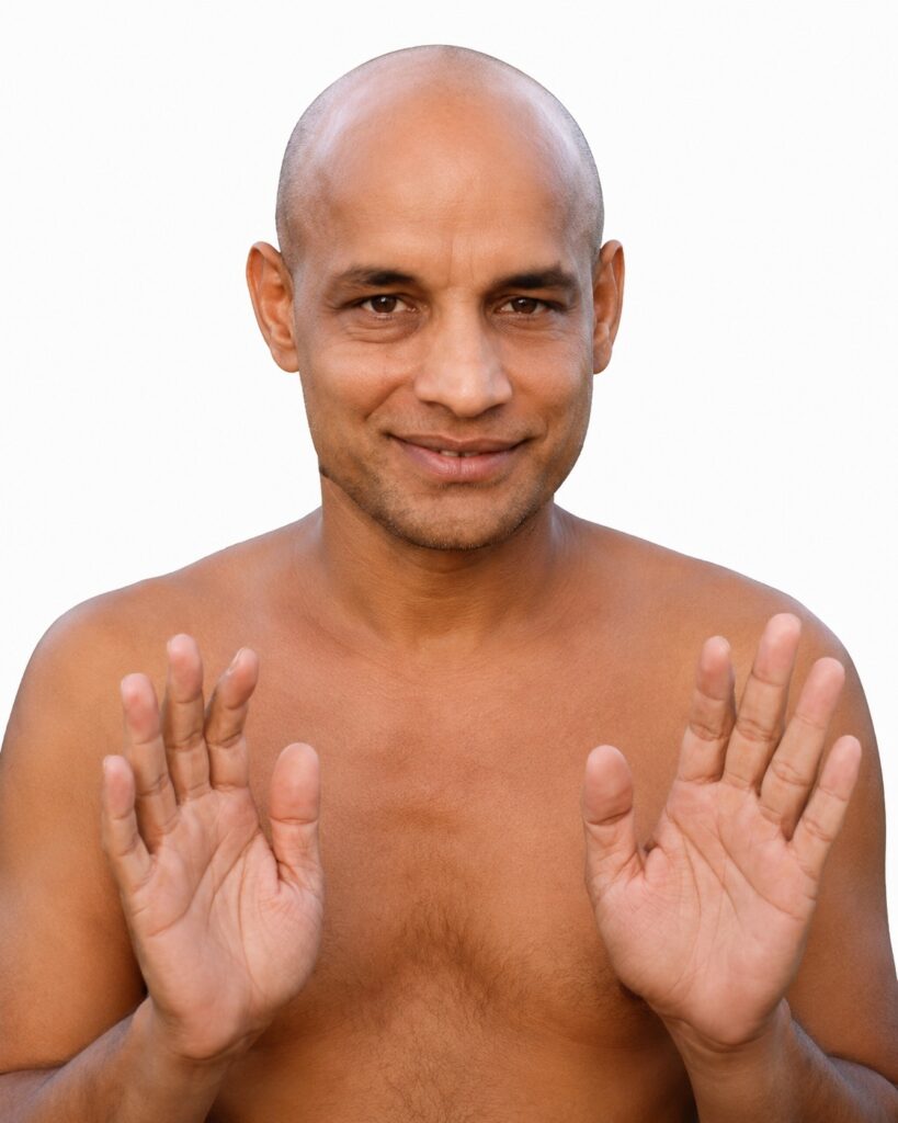 Smiling bald man shirtless with both hands raised in a stop gesture toward the viewer.
