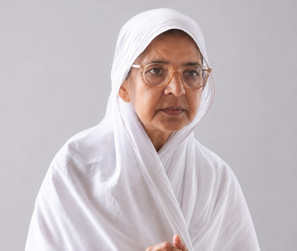 Portrait of an older woman wearing a white hijab and glasses, looking thoughtfully to the side against a gray background.