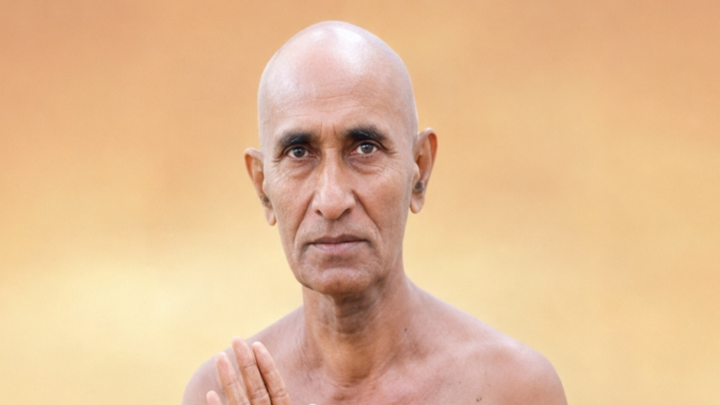 Portrait of a bald man with hands pressed together in a Namaste gesture against a warm orange–yellow gradient background.