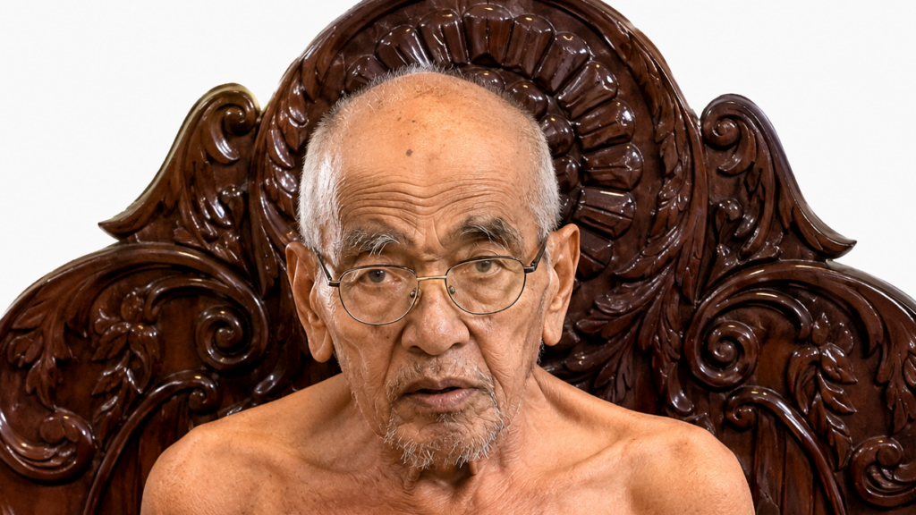 Elderly man with glasses, shirtless, seated on a large carved wooden chair with ornate floral patterns.