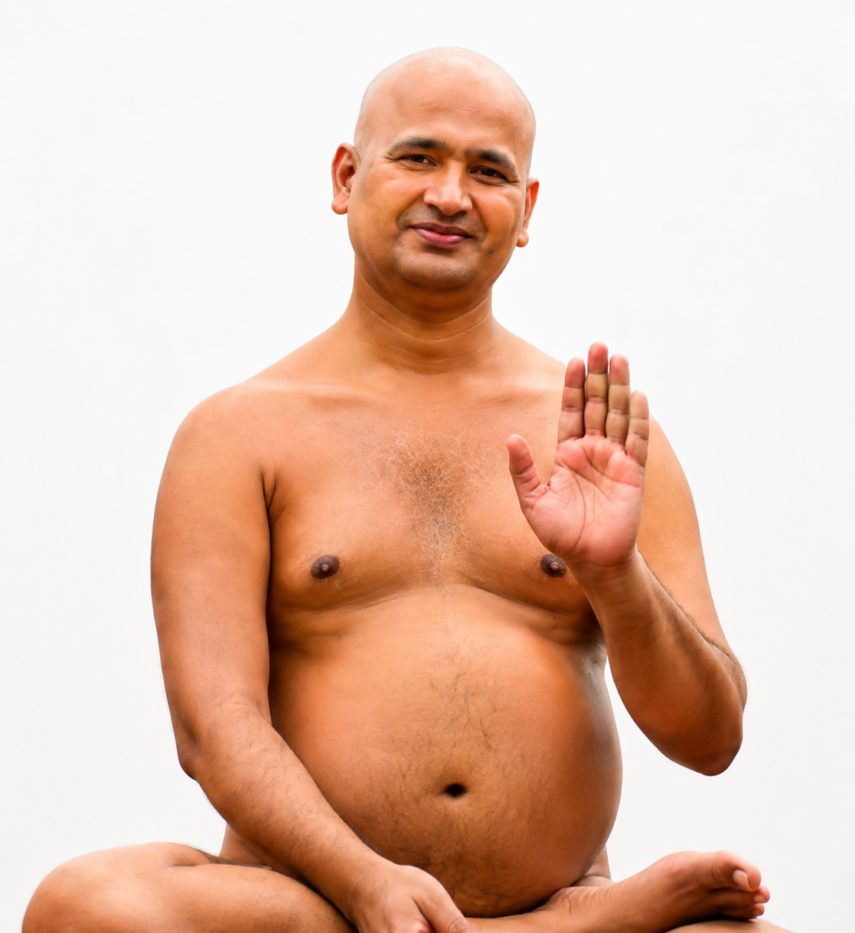 Man sitting cross‑legged in a meditative pose, raising his right hand in a greeting/blessing gesture against a white background.