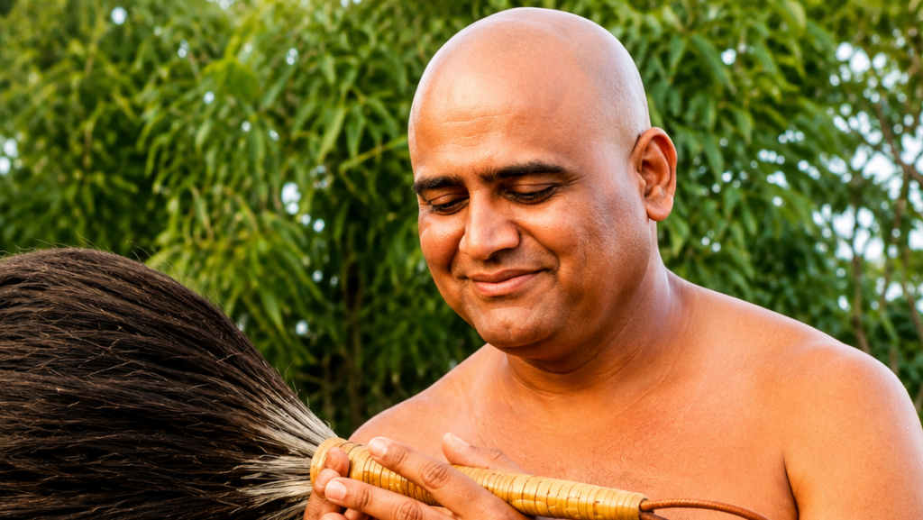 Smiling bald man outdoors, shirtless, holding a large straw broom with dark bristles.
