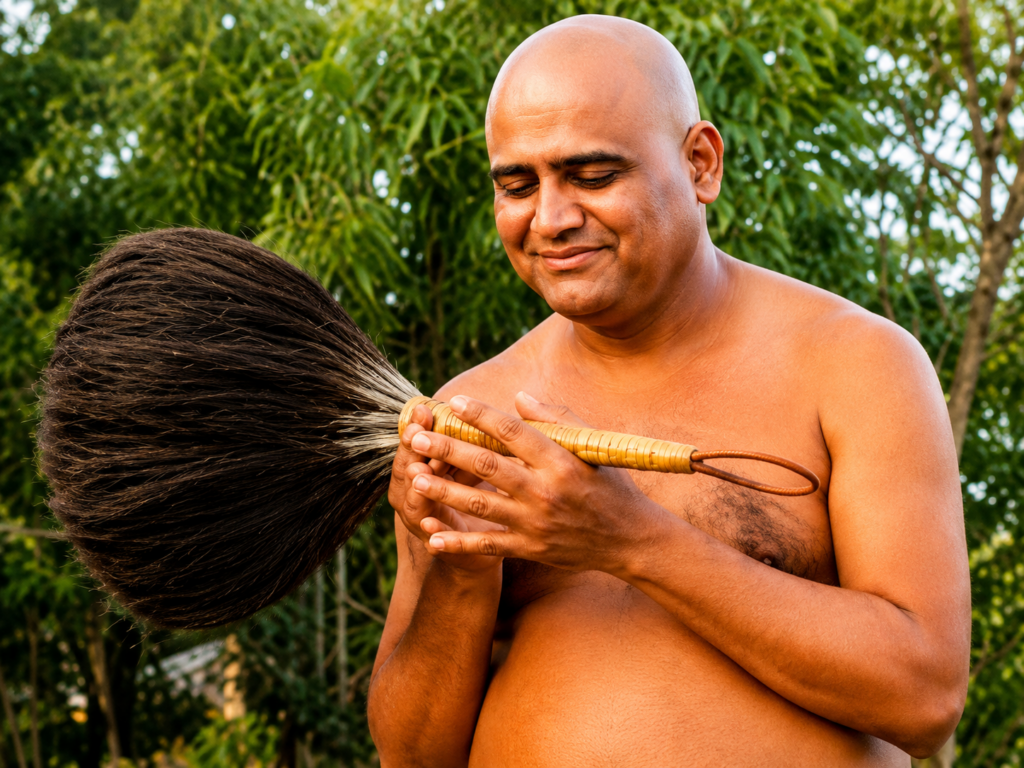 Smiling, shirtless man outdoors holds a large, rustic broom with a long, dark bristle head and a wrapped wooden handle.