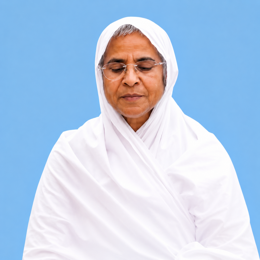 Elderly woman wearing a white headscarf and glasses, looking down with a calm expression against a blue background