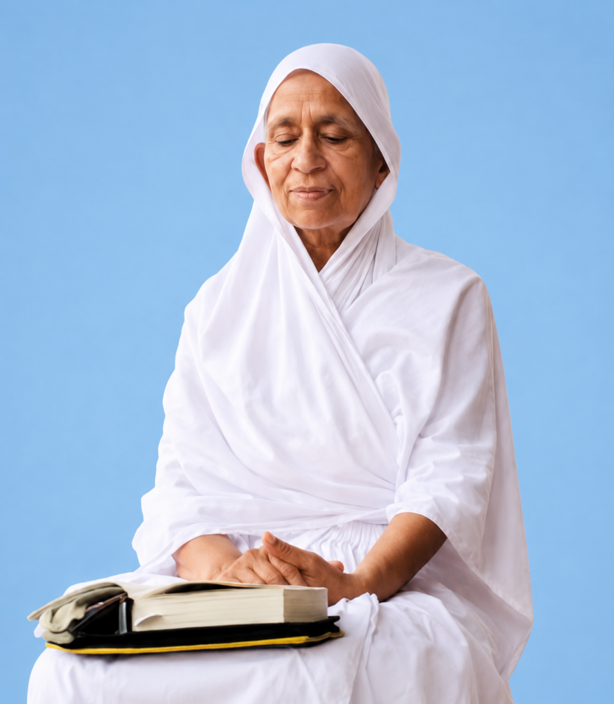 Older woman in white hijab and robes sits with hands folded over an open book on her lap against a blue background.