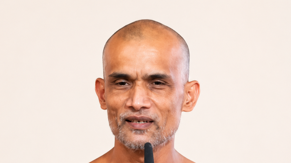 Close-up of a bald man speaking into a microphone against a plain background.