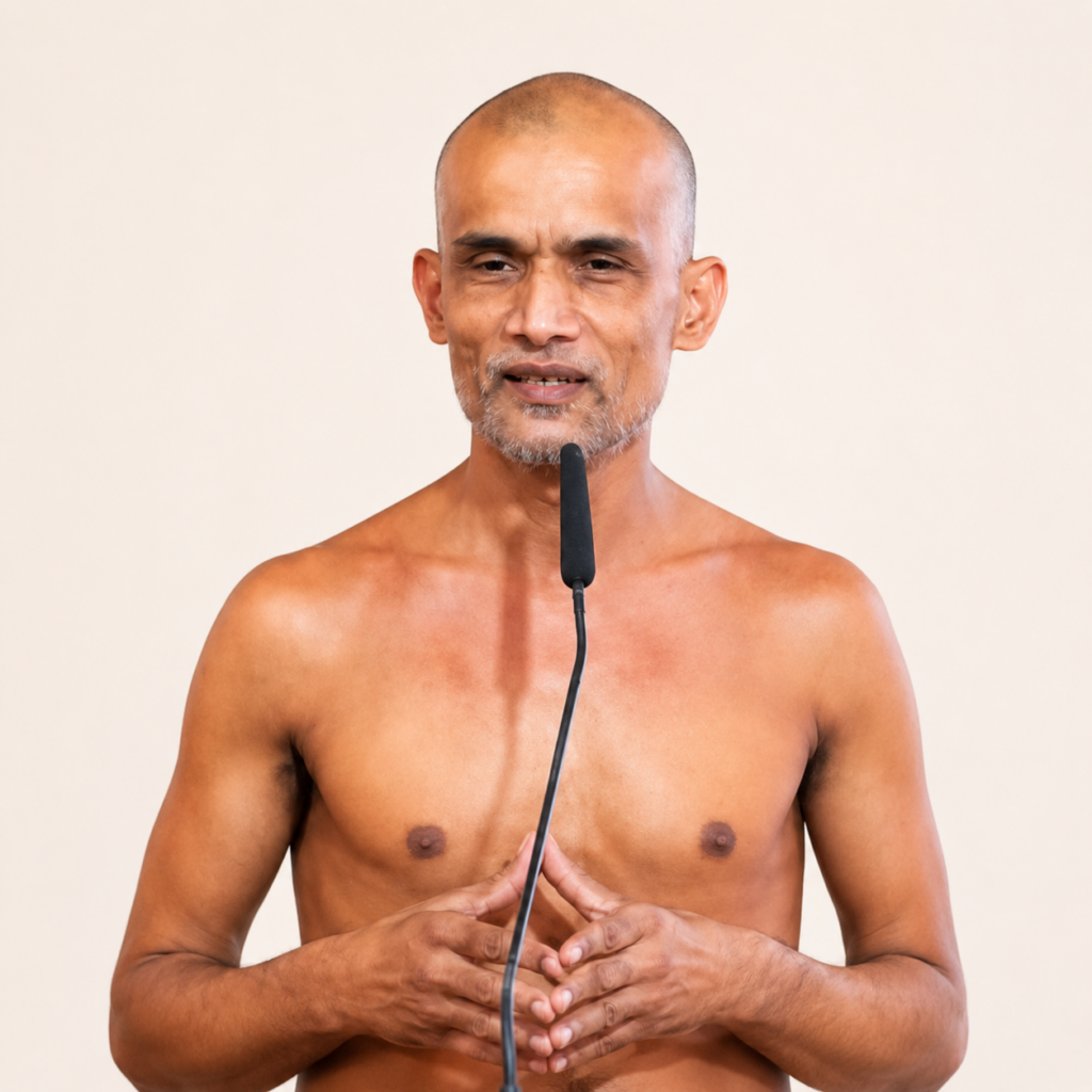 Man speaking into a handheld microphone while shirtless, hands clasped in front, neutral background