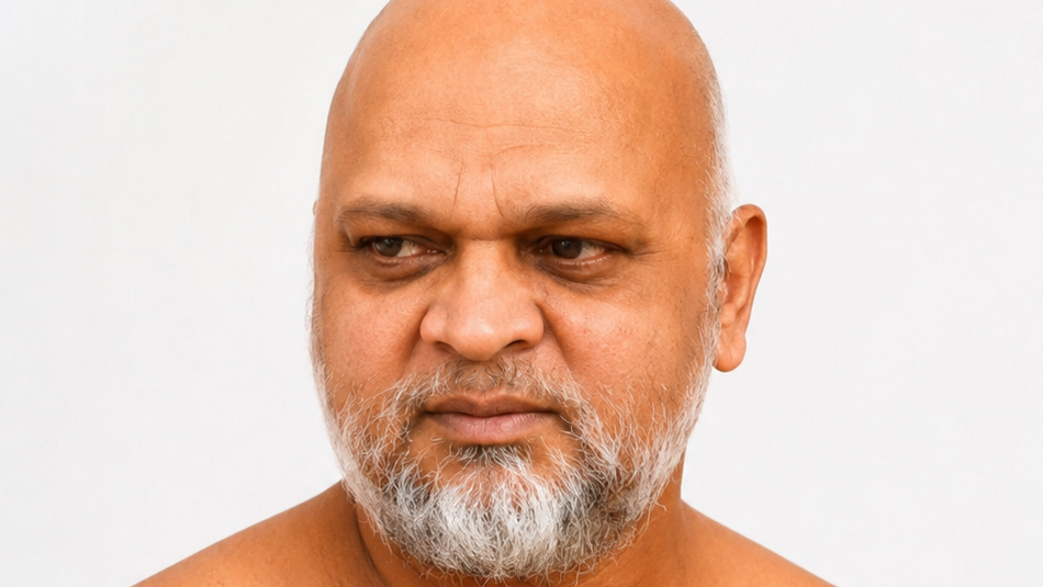 Close-up portrait of a middle-aged bald man with a gray beard, looking to the left against a light background.