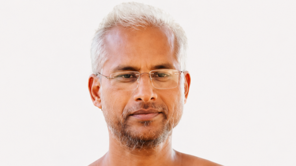 Portrait of a middle-aged man with gray hair and glasses looking slightly to the left at a neutral expression in a bright setting.