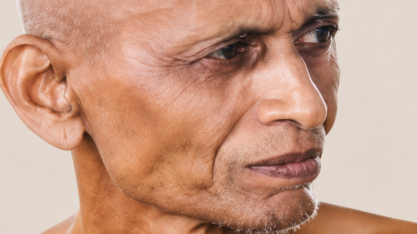 Close-up profile of a middle-aged man's weathered face with wrinkles and stubble, looking to the right.