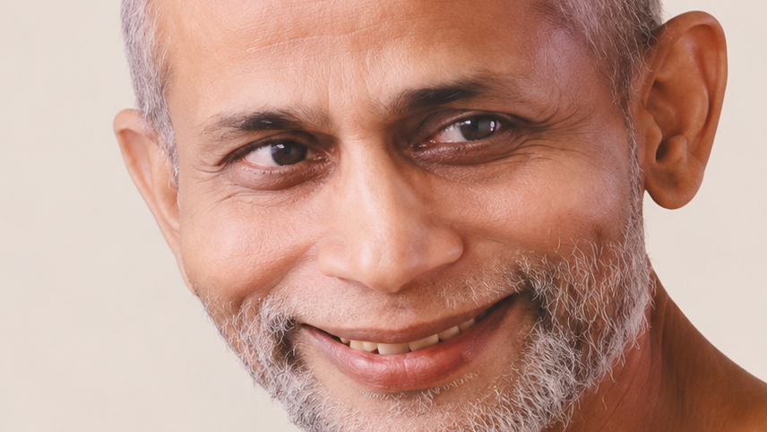 Close-up of a smiling middle-aged man with a gray beard looking to the side.