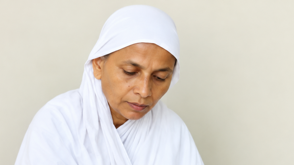 Woman in a white hijab looking down with a contemplative expression against a neutral background.