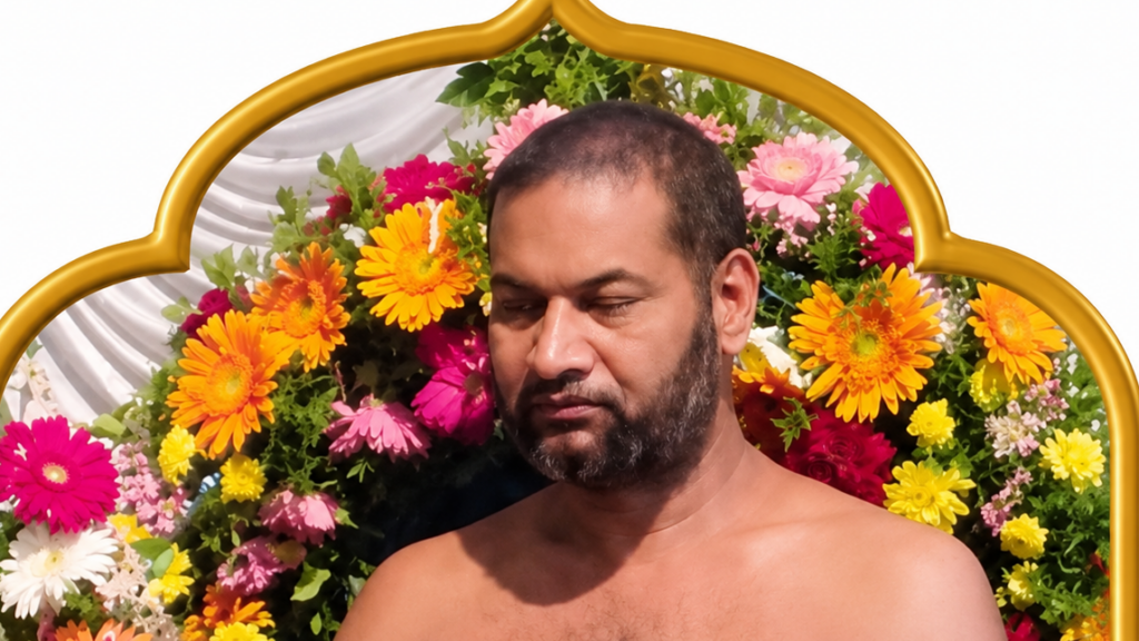 Bearded man, shirtless, in front of a bright flower arrangement framed by a gold arch.