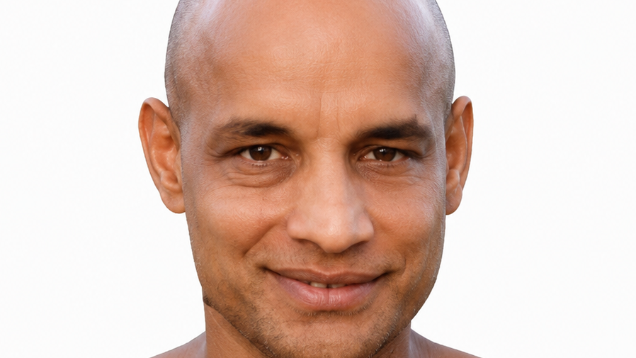 Close-up portrait of a smiling bald man looking at the camera against a white background.