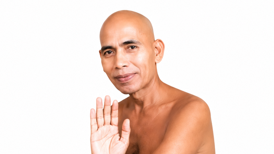 Bald man smiling and waving hello at the camera.