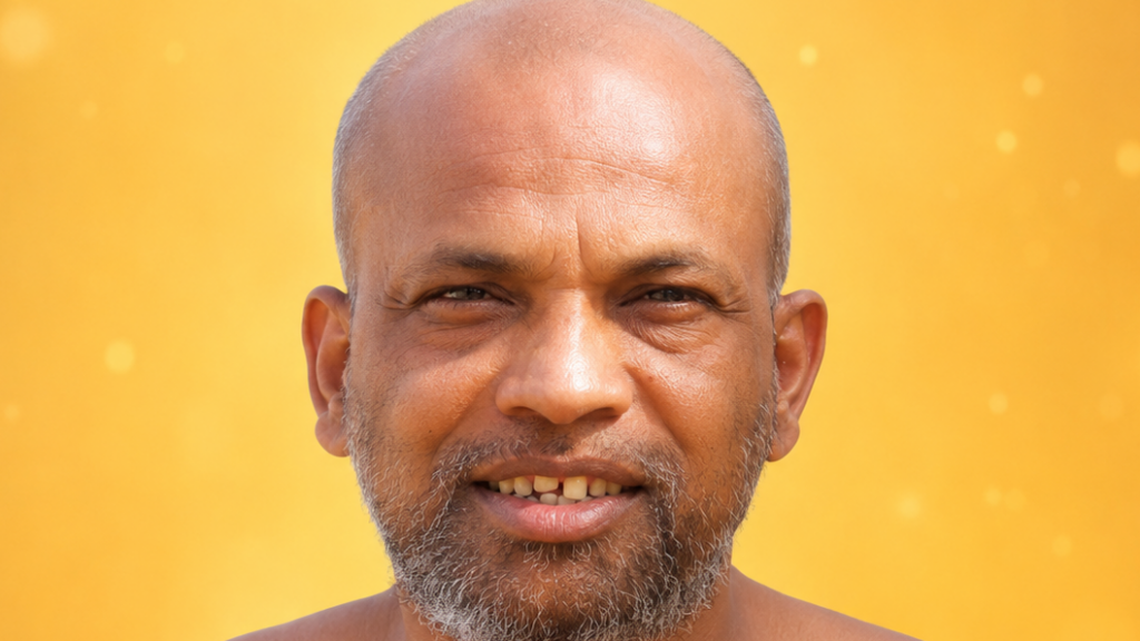 Close-up portrait of a smiling bald man with a gray beard against a bright yellow background.