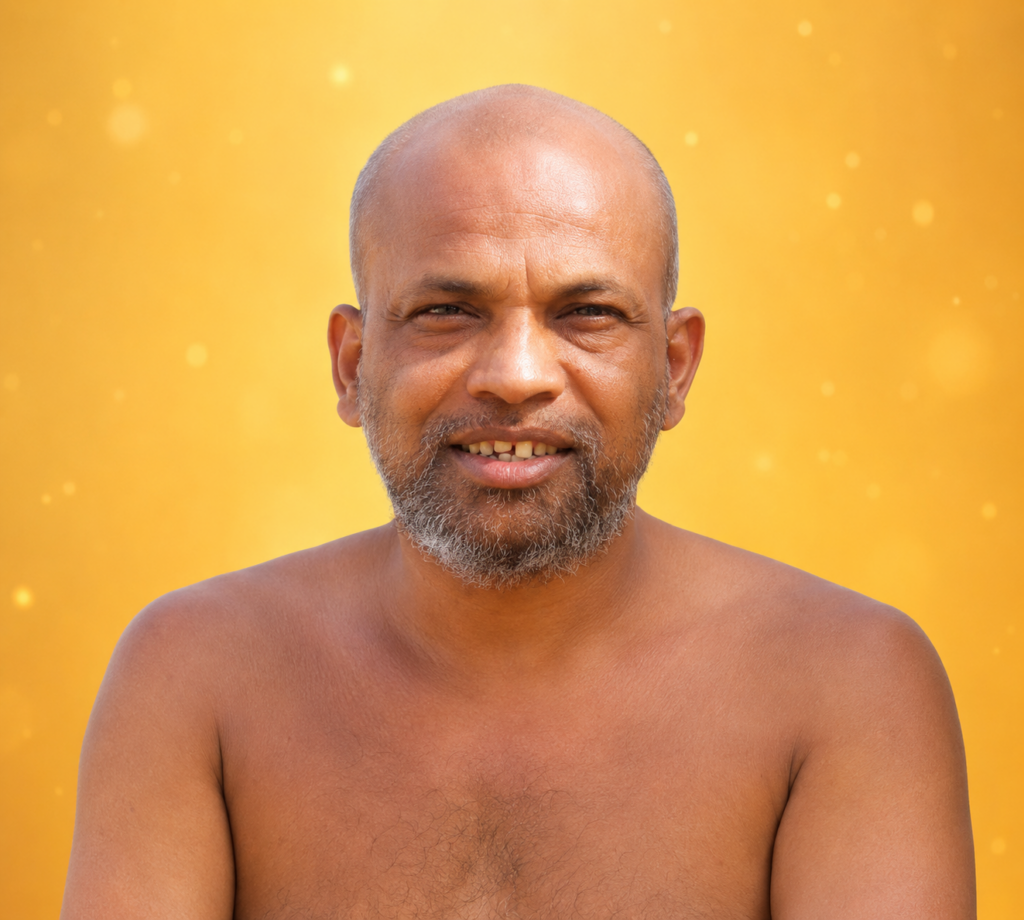 Smiling middle-aged man with a gray beard and shaved head, bare shoulders against an orange background.