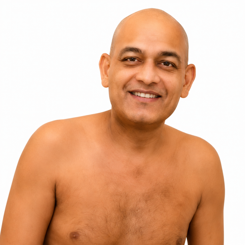 Smiling, bald man shirtless against a white studio backdrop, looking at the camera.