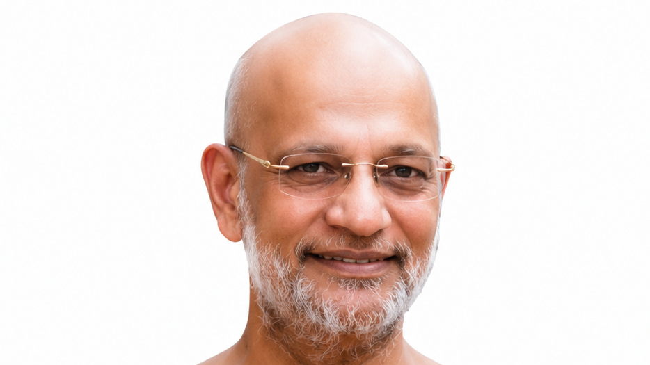 Smiling bald man with thin glasses and a gray beard against a white background, close-up portrait.