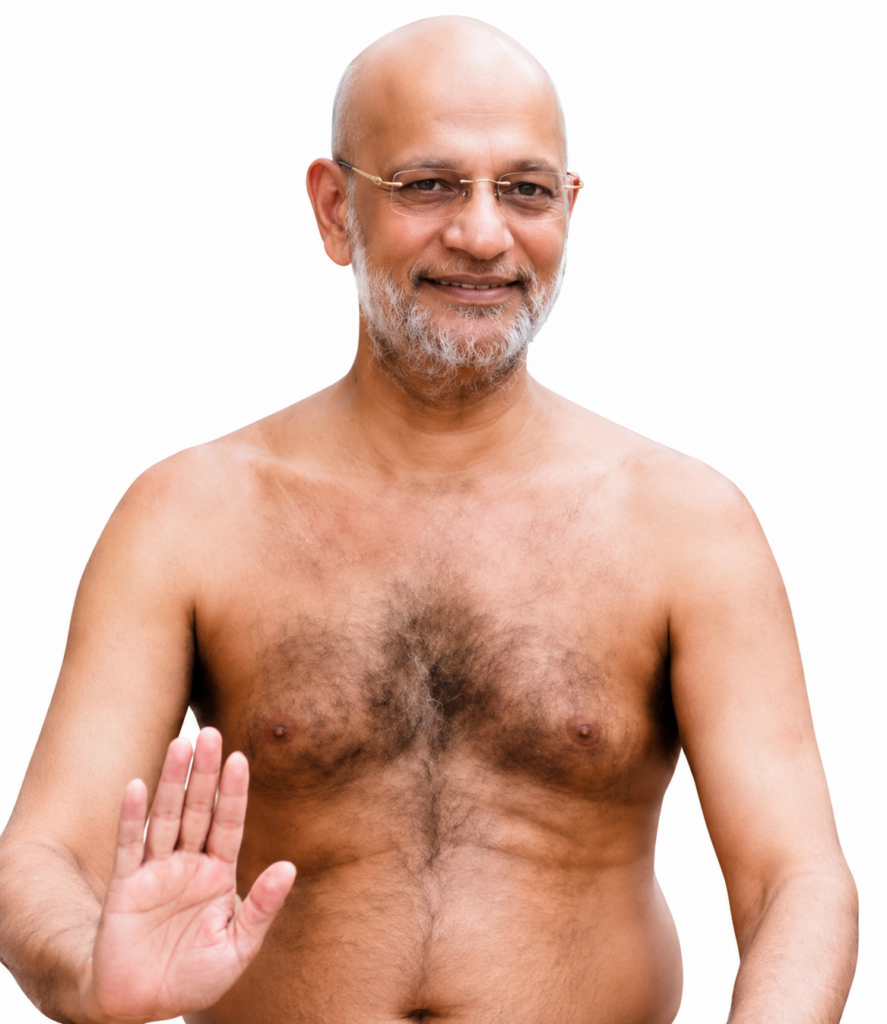 Portrait of a bald, bearded, shirtless older man wearing glasses, raising his right hand in a stop gesture against a white background.