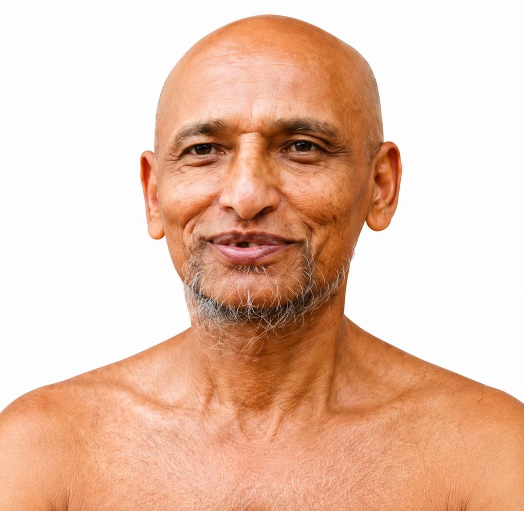 Close-up portrait of a smiling, bald man with a gray goatee against a white background.