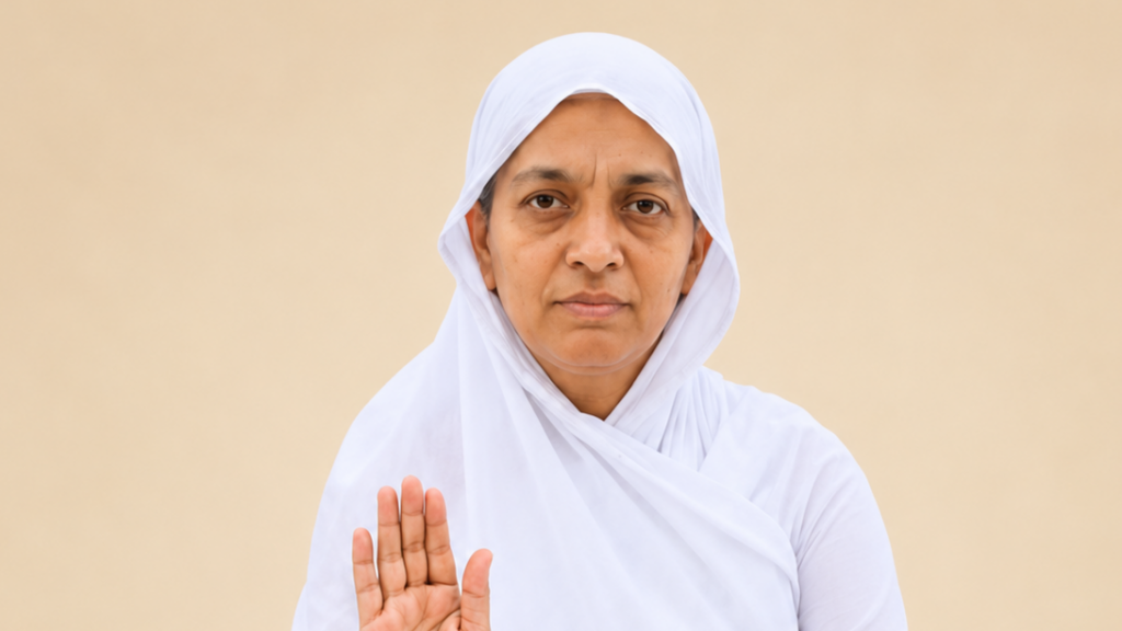 Woman in a white headscarf raises her right hand in a stop gesture, facing the camera.
