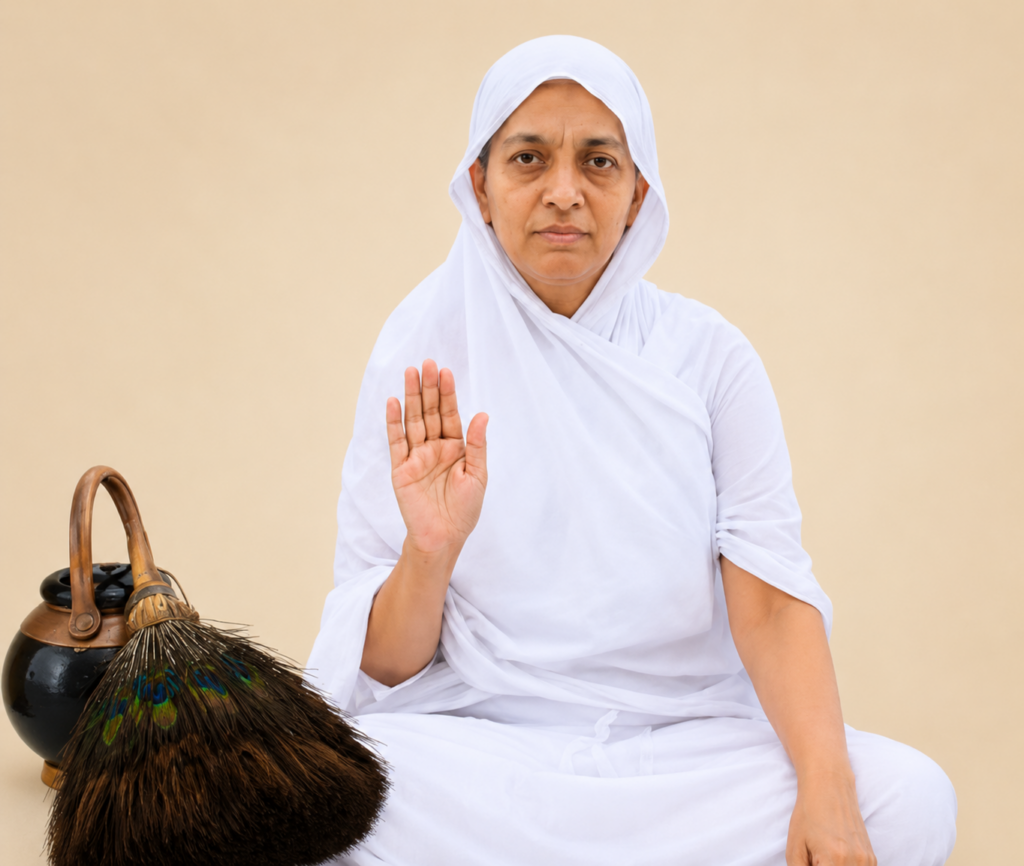 Woman in a white robe sits cross-legged, raises her right hand in a blessing gesture, with a peacock feather broom and kettle nearby.