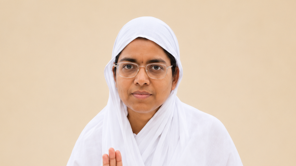 Woman wearing a white headscarf and robe with glasses, her hands pressed together in a Namaste greeting against a beige background