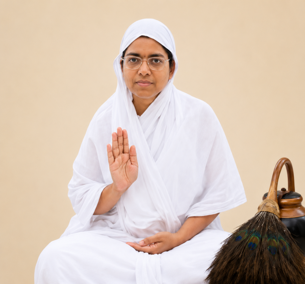 Jain nun in white robes sits cross‑legged and raises her right hand in blessing, with a feather broom nearby.