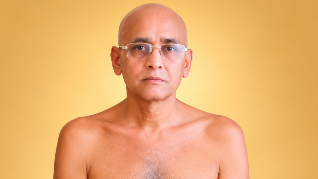 Portrait of a bald man wearing glasses, bare-shouldered against a warm yellow backdrop.