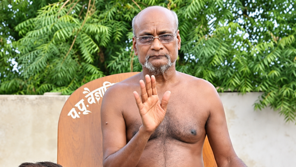 Older man with glasses, bare chest, raising his right hand in a greeting outdoors.