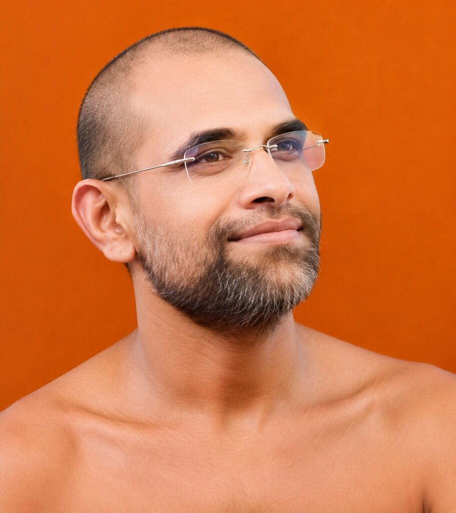 Close-up portrait of a man with a shaved head, gray beard, and rimless glasses against an orange background.